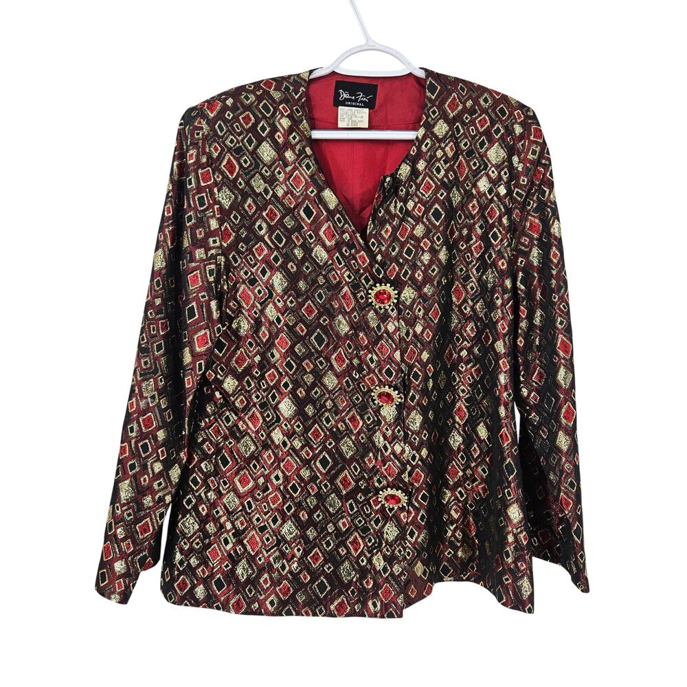 Vintage Diane Freis Jacket Maroon Geometric Jeweled Buttons Long Sleeve Size M